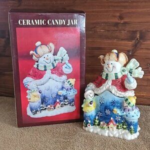 Colorful Detailed Ceramic Candy Jar Snowman and Children in the Snow T18